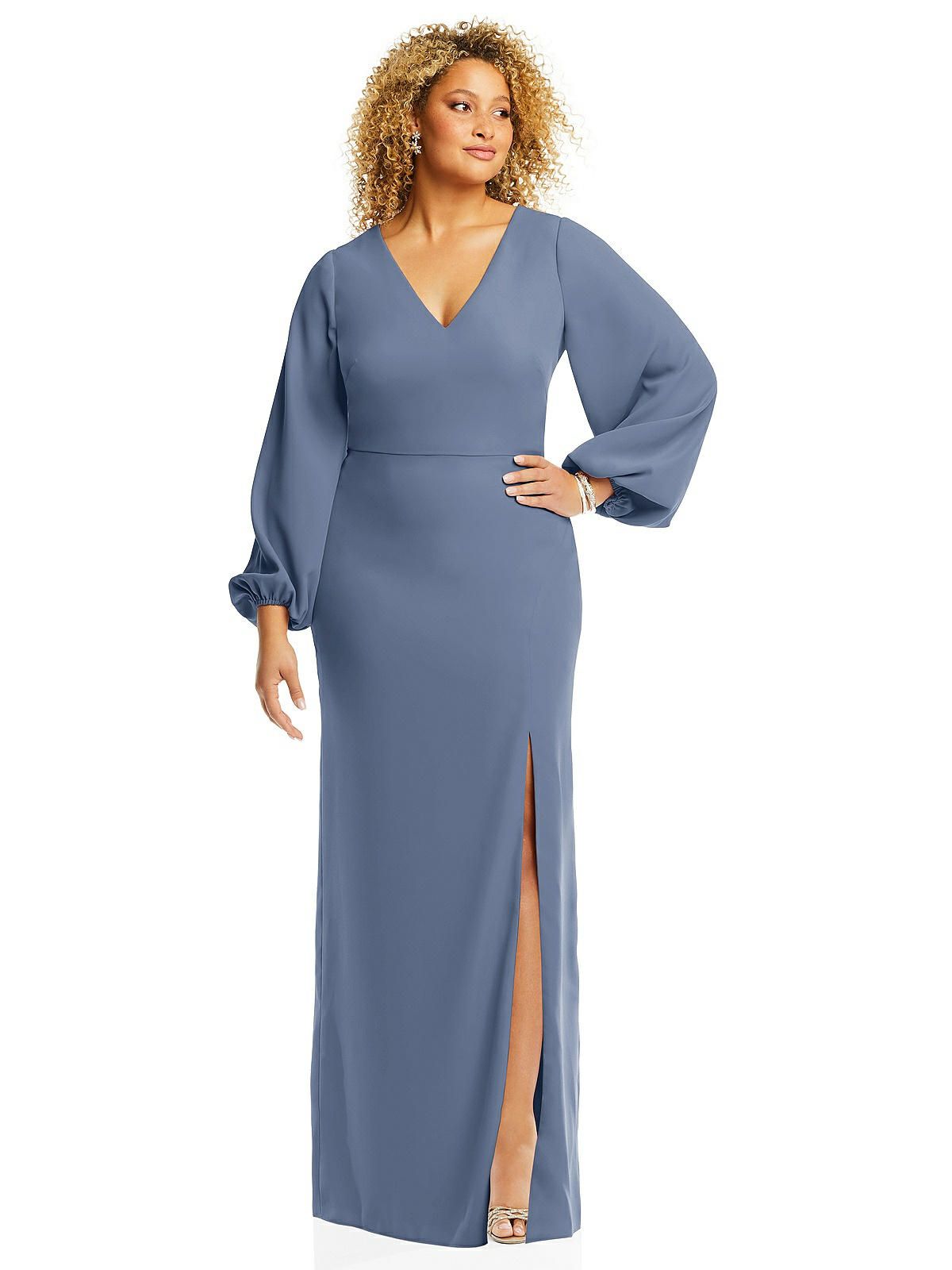 Long Puff Sleeve V-Neck Trumpet Gown | The Dessy Group
