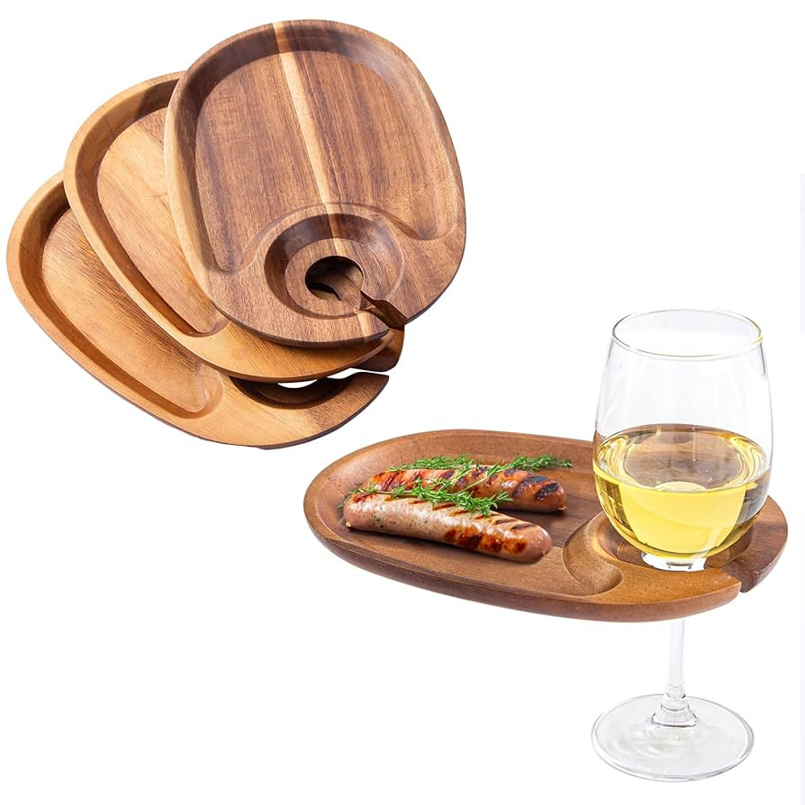 Wine Appetizer Plates, Acacia Mini Cheese Boards with Built-in Glass Holder, Wood Individual Cock... | Amazon (US)