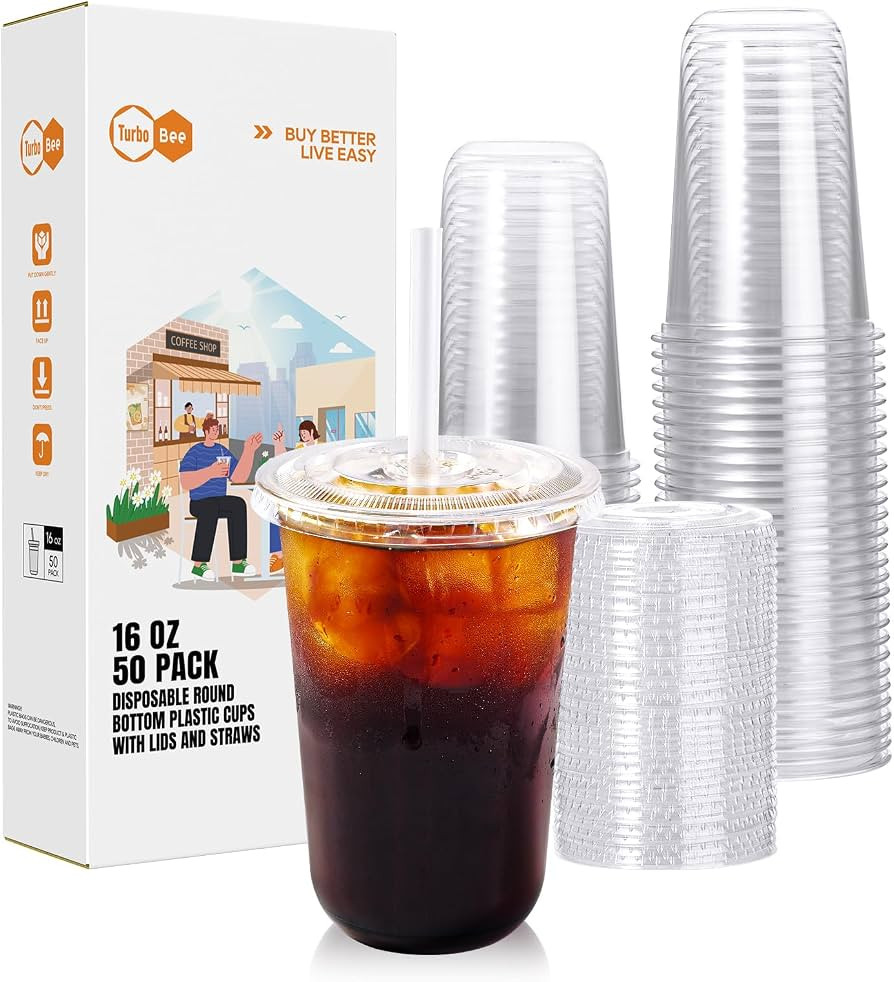 Turbo Bee Disposable Plastic Cups with Lids and Straws, 16 OZ, 50 Pack | Amazon (US)