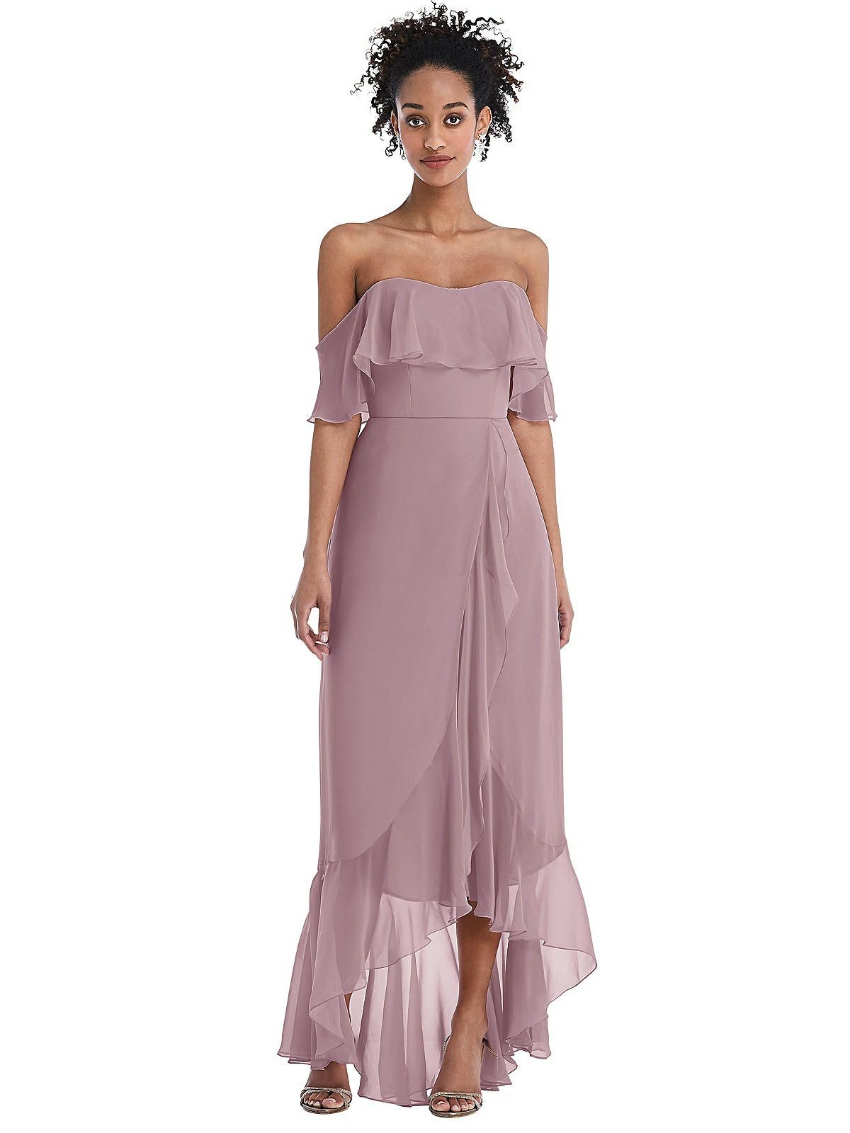 Off-the-Shoulder Ruffled High Low Maxi Dress | The Dessy Group
