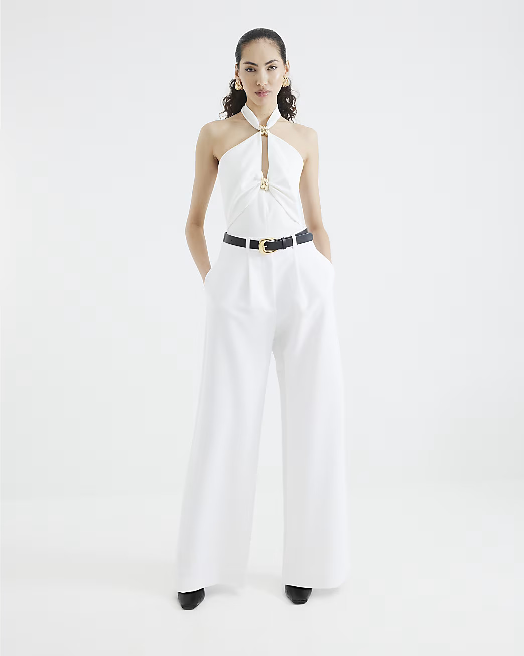 White Belted Wide Leg Trousers | River Island UK & IE