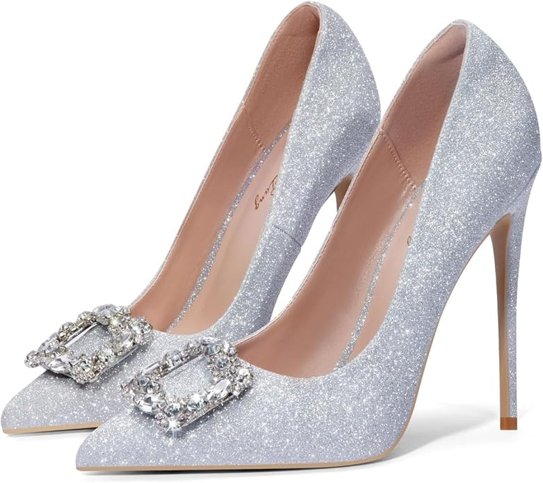 Elisabet Tang Women's High Heels,4.72 Inch Satin Glitter Rhinestone Stiletto Pumps for Women Sexy... | Amazon (US)