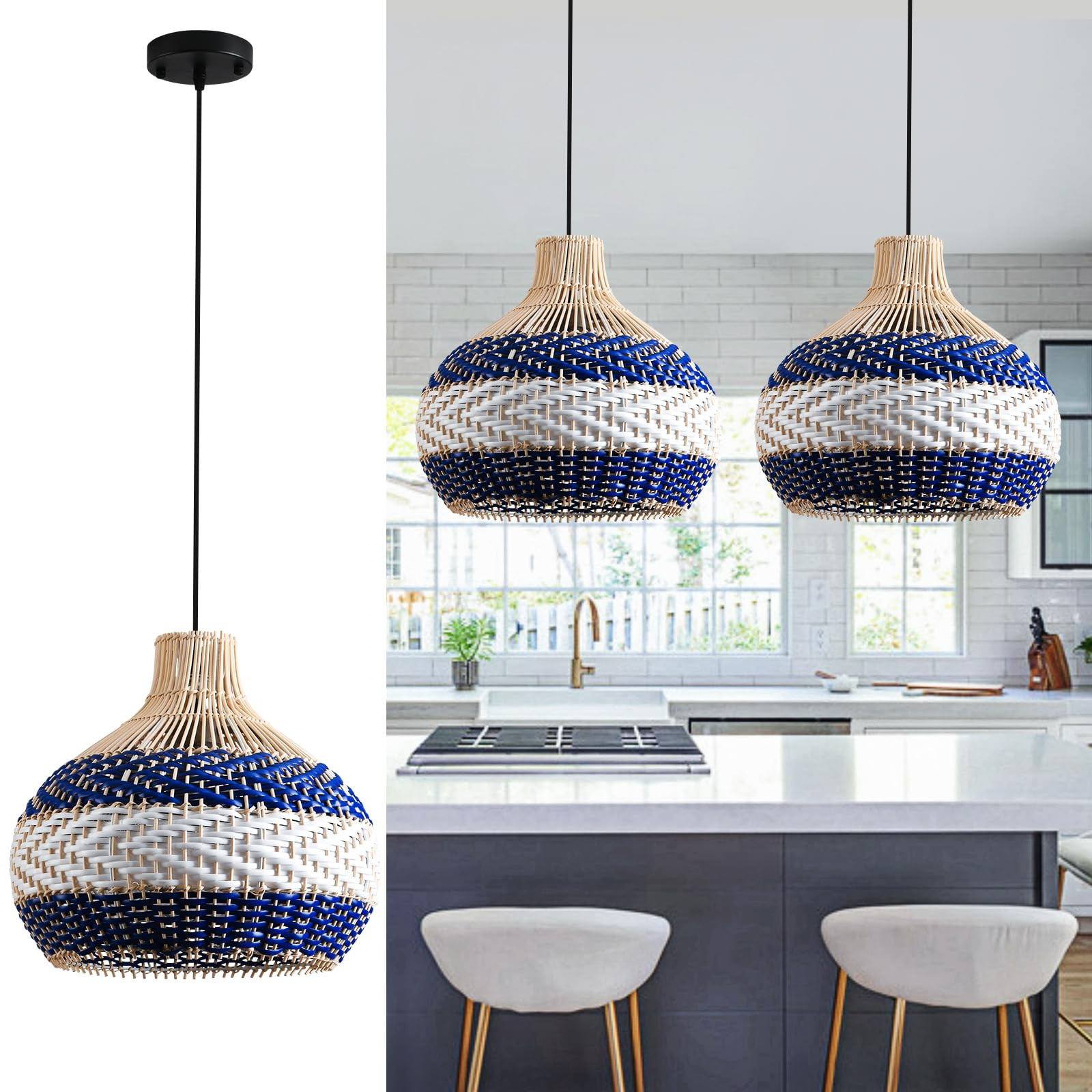 3-Light Rattan Pendant Light 15" Hand-Woven Blue White Wicker Basket Chandelier Boho Faux Rattan Hanging Light,for Living Room Bedroom Kitchen Hallway Dining Farmhouse 1-Pack | Amazon (US)