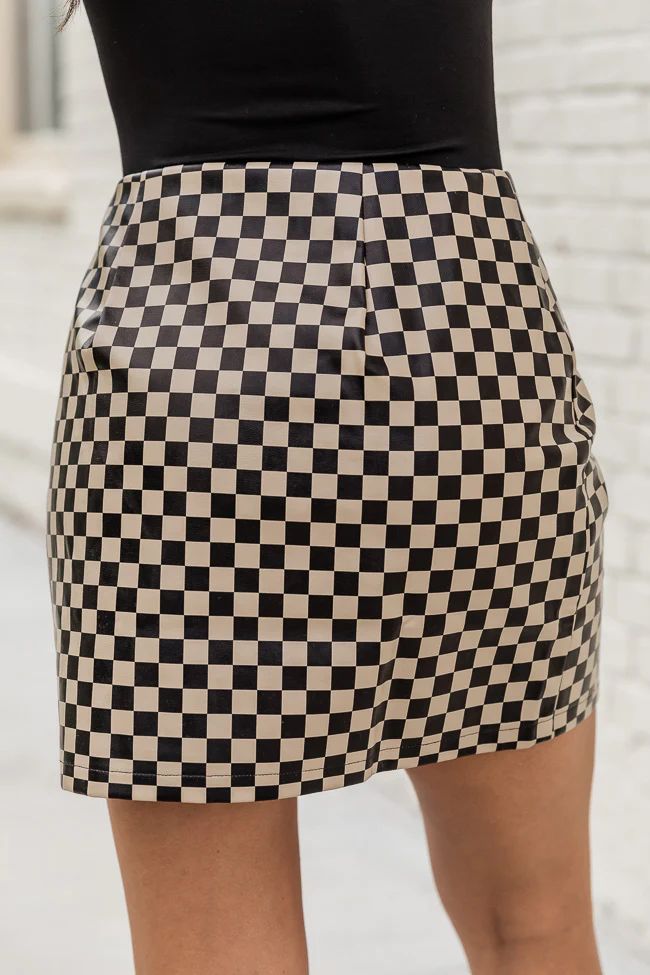 Tune Out The Noise Black And Mocha Checkered Faux Leather Skirt | Pink Lily