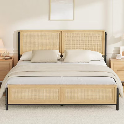 Boho Style Full/Queen/King Size Bed Frame with Rattan Headboard and Footboard, 14" Metal Platform, Wood Grain, Quiet, No Box Spring Required | Target