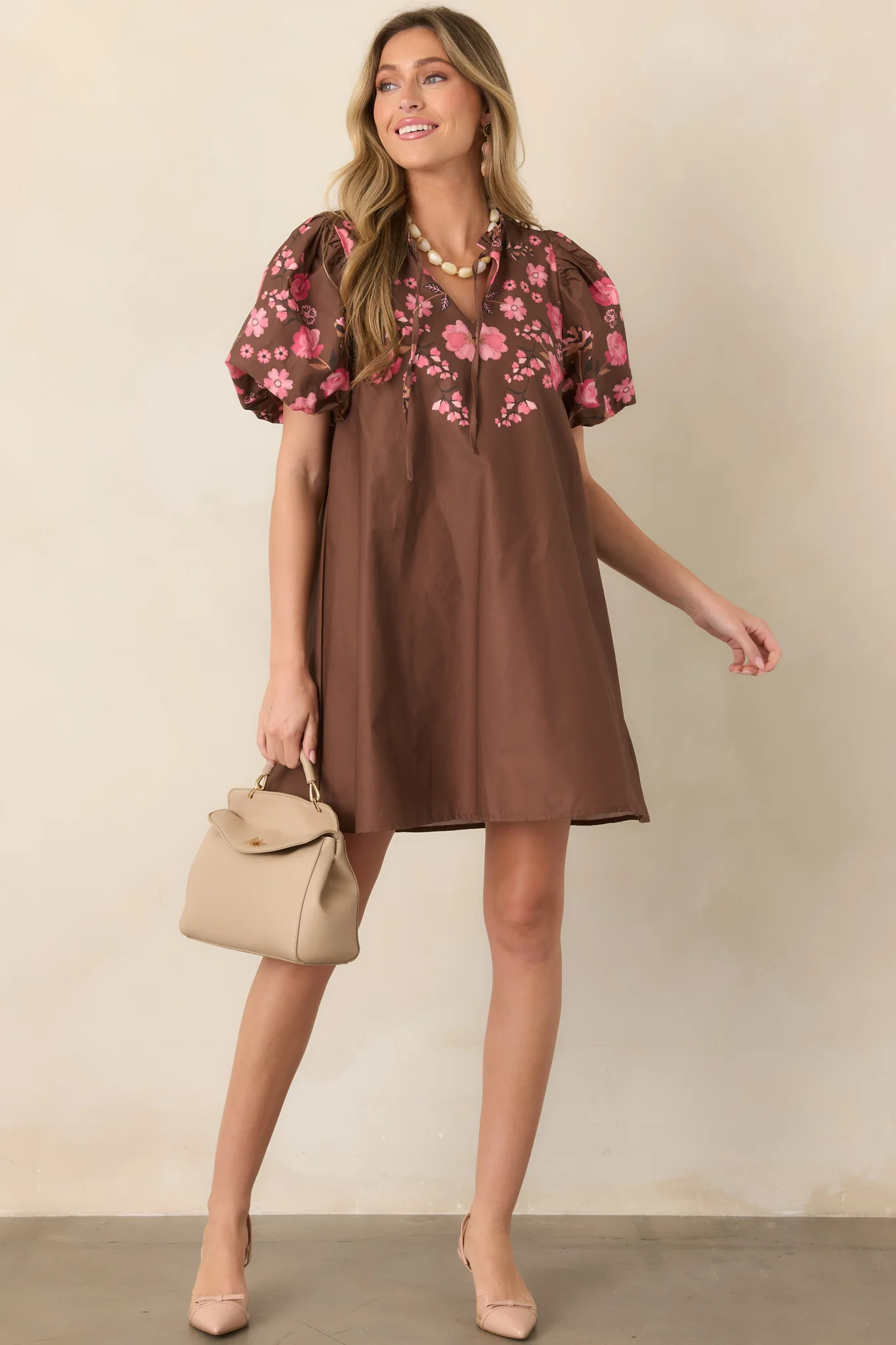 Pretty Particular Brown & Pink Floral Cotton Mini Dress | Red Dress