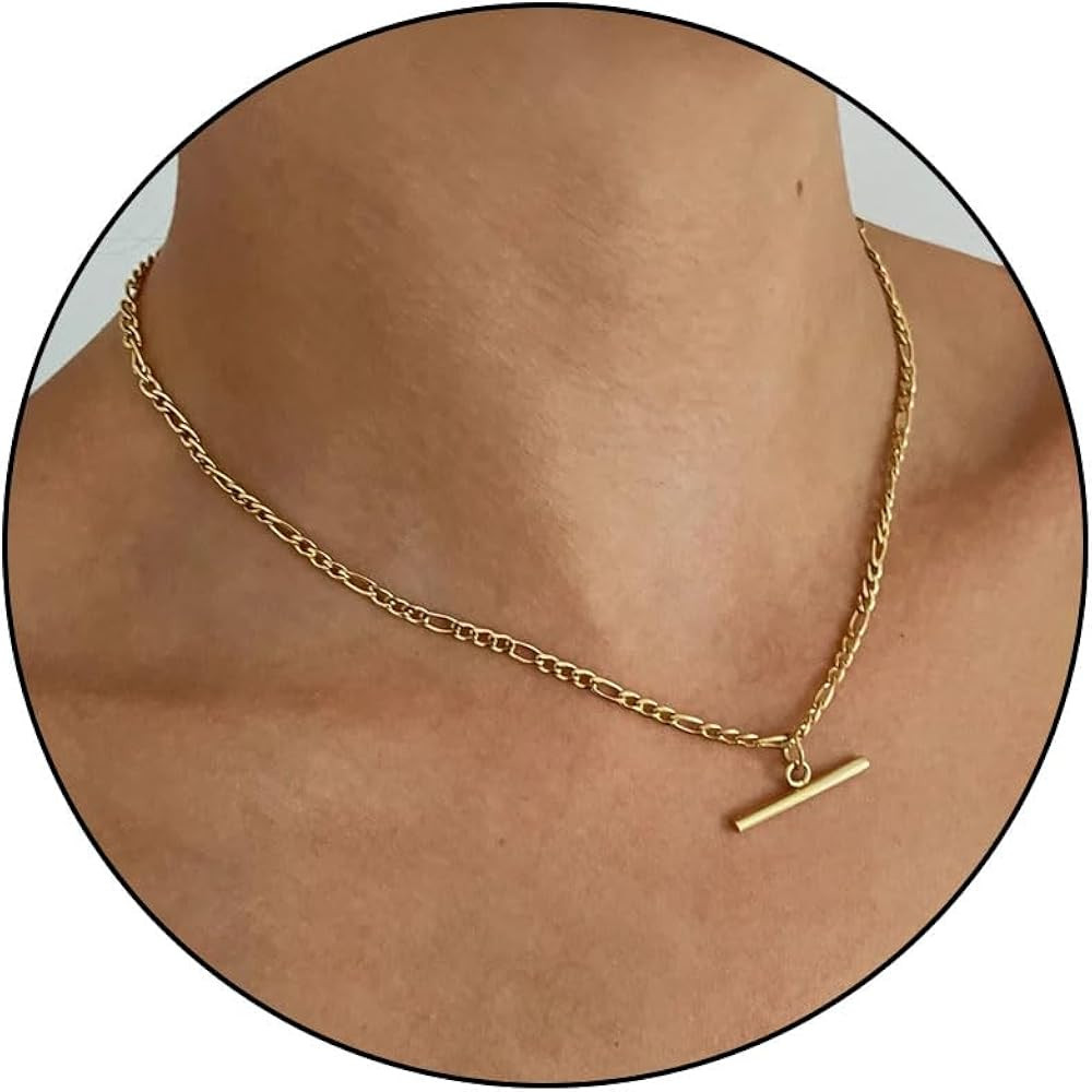 Chunky Gold Necklace T Bar Necklace 14k Gold Charm Necklace Dainty Gold Paperclip Chain Necklace ... | Amazon (US)