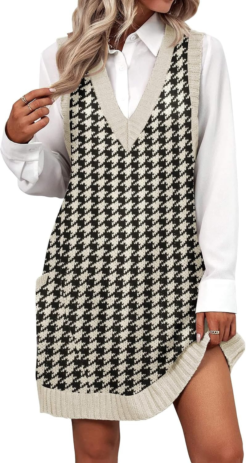 Zeagoo Womens Sweater Vest Dress Pattern Knitted Pullovers Sweaters V Neck Tank Sweater Dress with Pockets | Amazon (US)