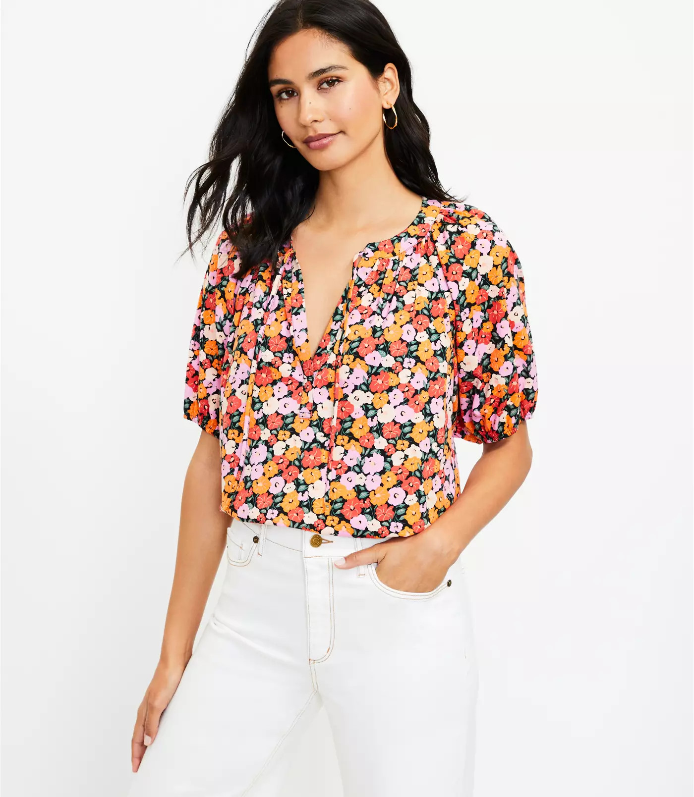 Floral Tie Neck Puff Sleeve Top | LOFT