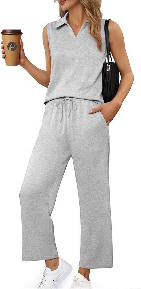PINSPARK Two Piece Sets for Women Sleeveless Outfits Travel Tracksuit V Neck Top Wide Leg Pant Lo... | Amazon (US)