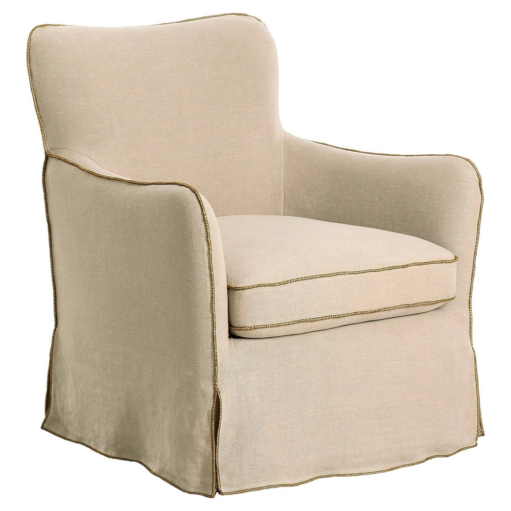 Devon Updated Traditional Beige Linen Slipcovered Swivel Chair | Kathy Kuo Home