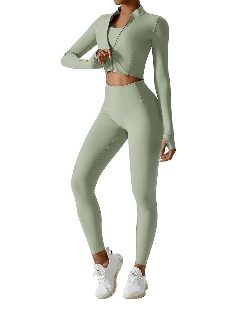 Workout Sets for Women 3 Piece High Waisted Seamless Leggings Crop Top Jacket Gym Yoga Outfit Str... | Amazon (US)