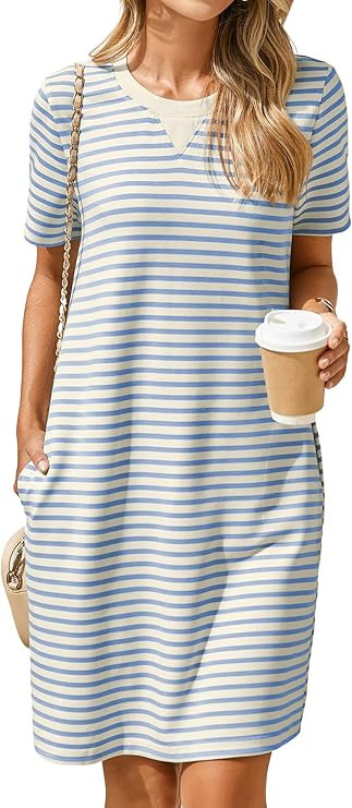 Glamaker Women Summer Tshirt Shift Dress Casual Striped Short Sleeve Crew Neck Knee Length Comfy ... | Amazon (US)