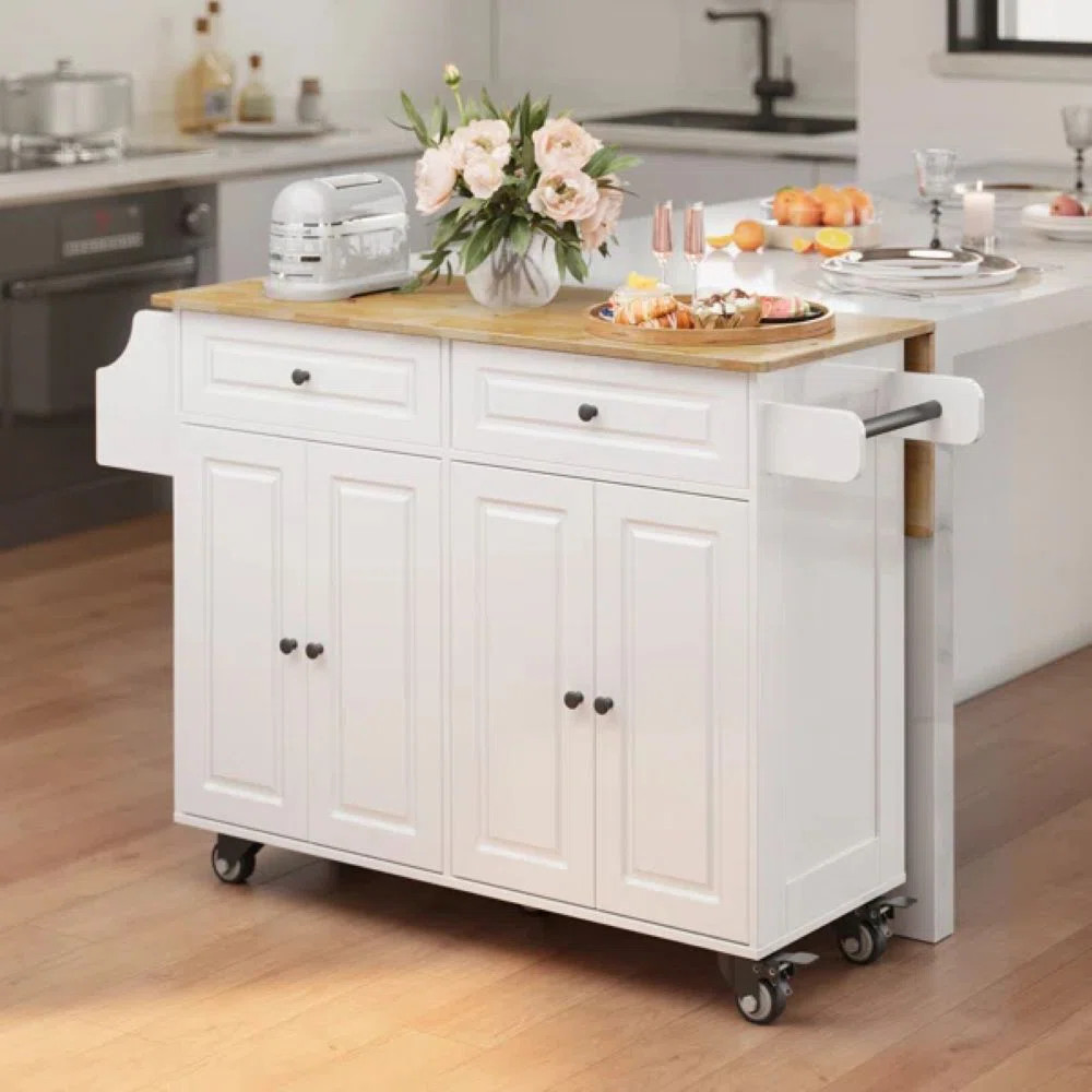 Solid Wood Kitchen Island with Drop Leaf, Lockable Wheels, Spice Rack, and Towel Rack | Wayfair North America