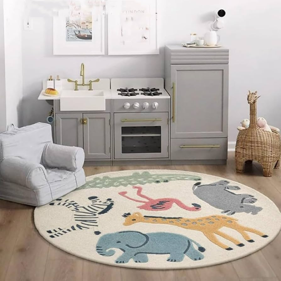 Poowe Cute Animals Kids Room Rug, 31.5" Round Washable Area for Baby Boys Girls - Non-Slip Soft P... | Amazon (US)