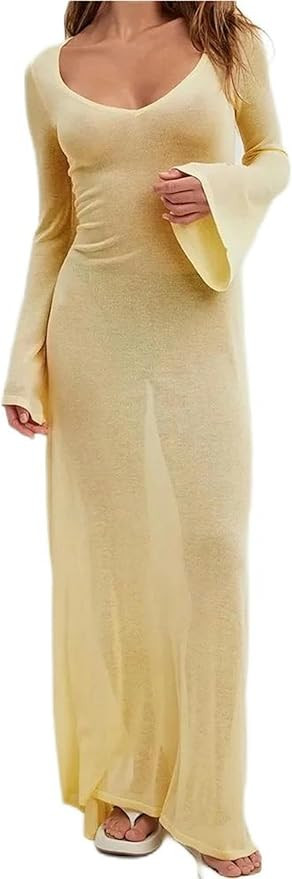 Women Long Dresses Long Sleeve V Neck See Through Dress Fit Party Female Vestidos Streetwear | Amazon (US)