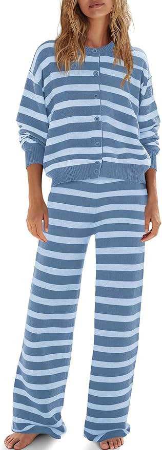 ReachMe Womens Oversized Striped 2 Piece Sets Button Up Cardigan and Wide Leg Pants with Pockets ... | Amazon (US)