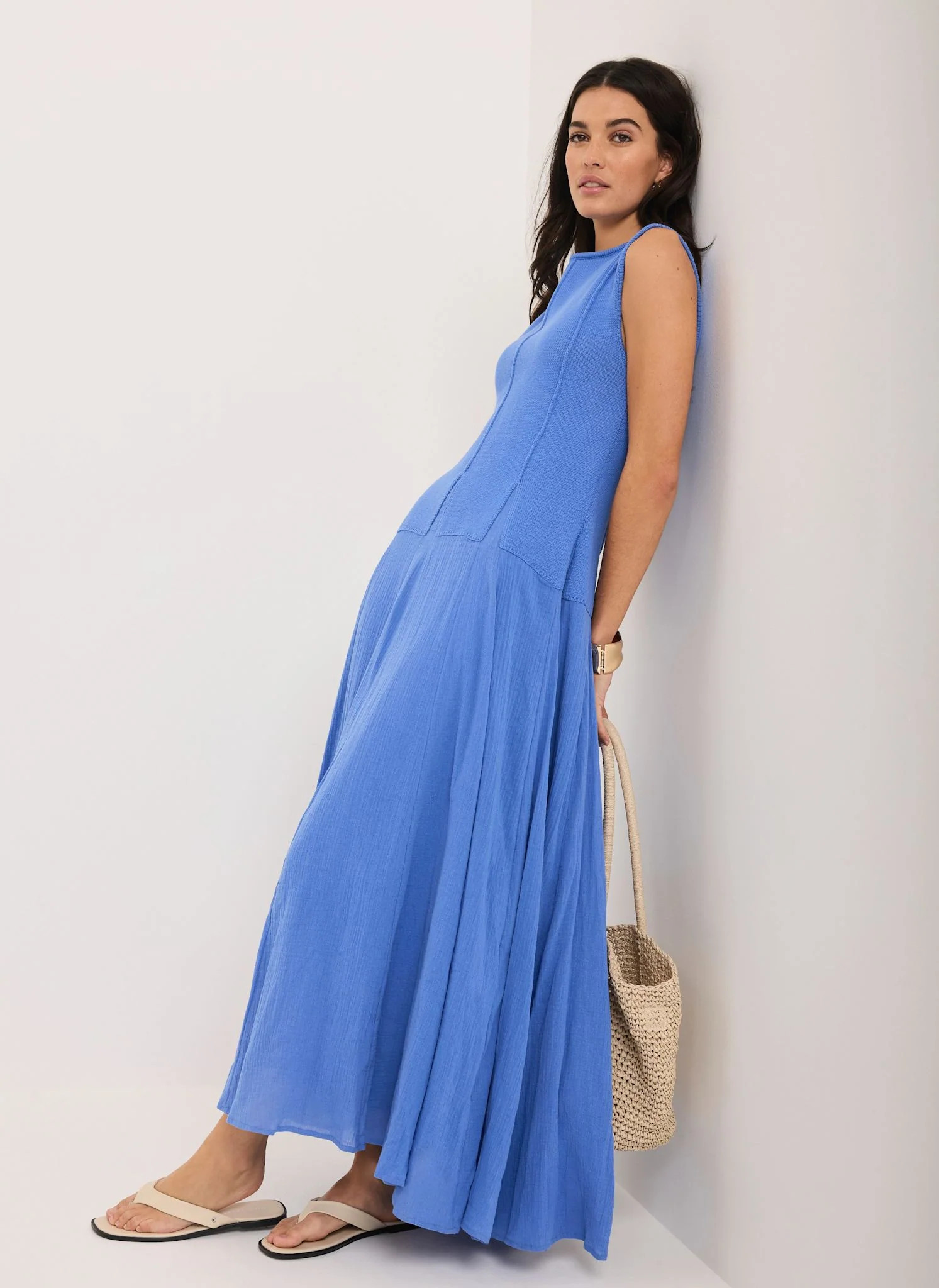 Blue Cotton Blend Drop Waist Maxi Dress | Mint Velvet