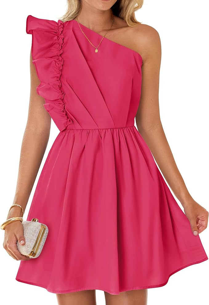 ZESICA Women's Summer One Shoulder Ruffle Dress 2024 Boho Sleeveless Elastic High Waist Swing Min... | Amazon (US)