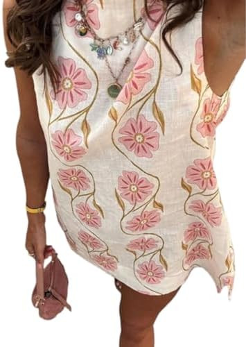Womens Floral Print Summer Sleeveless Vacation Mini Dress Casual Flower Crew Neck Romantic Short ... | Amazon (US)