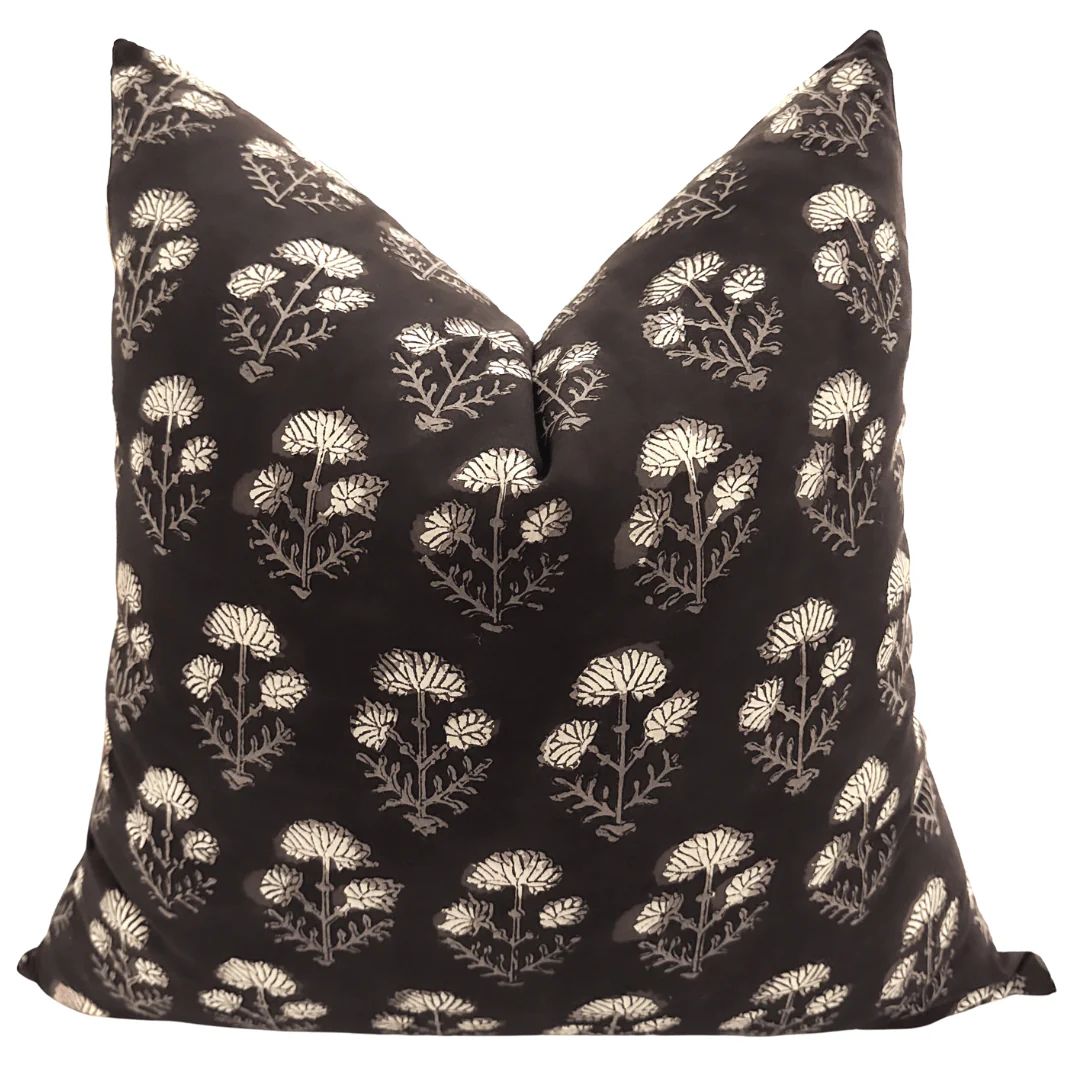 Black Taupe Floral | Block Print Pillow Cover | Hackner Home (US)