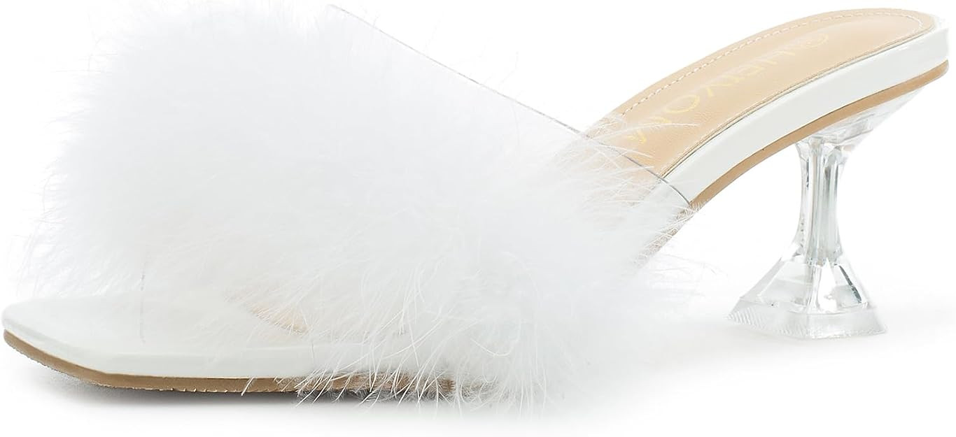 Heiyom Women's Square Toe Low Stilettos Heels Mules Sandals Fluffy Feather Slip on Clear Low Heel... | Amazon (US)