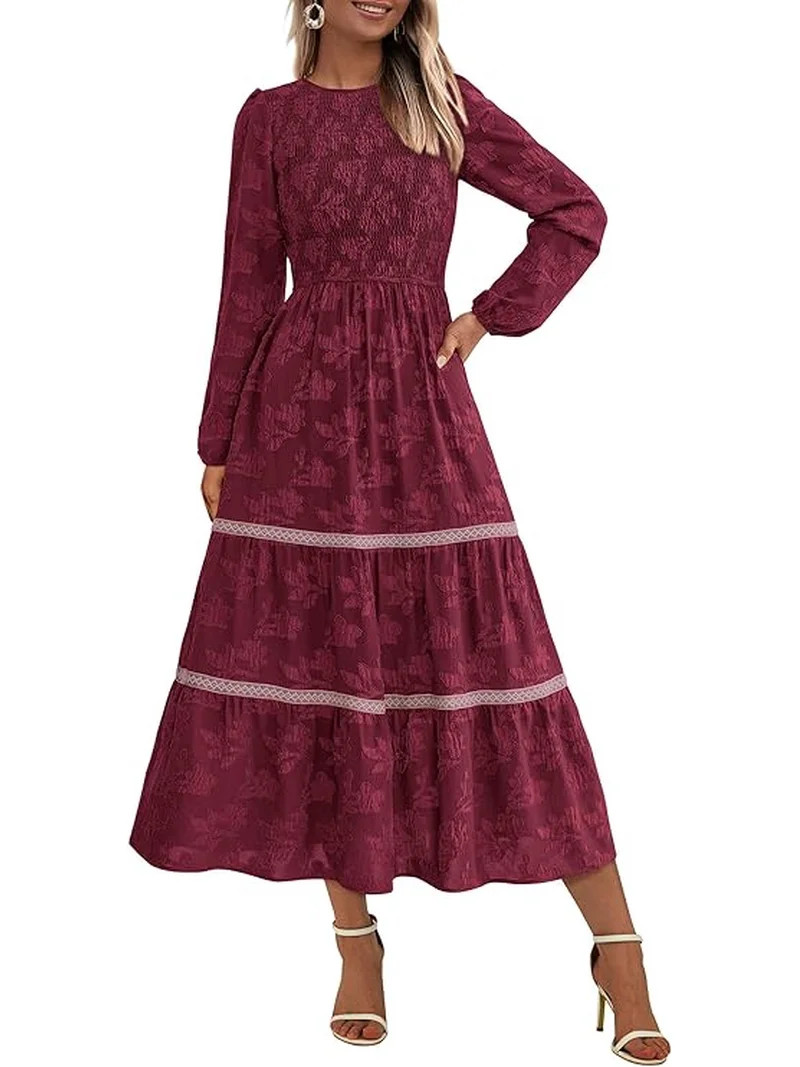 PRETTYGARDEN Women's Spring Midi Dress Fall Elegant Long Sleeve Smocked Flowy Boho Floral Wedding... | Walmart (US)