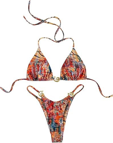 GORGLITTER Women's 2 Piece Swimsuit Leopard Print Halter Triangle Bikini String Thong Bathing Sui... | Amazon (US)