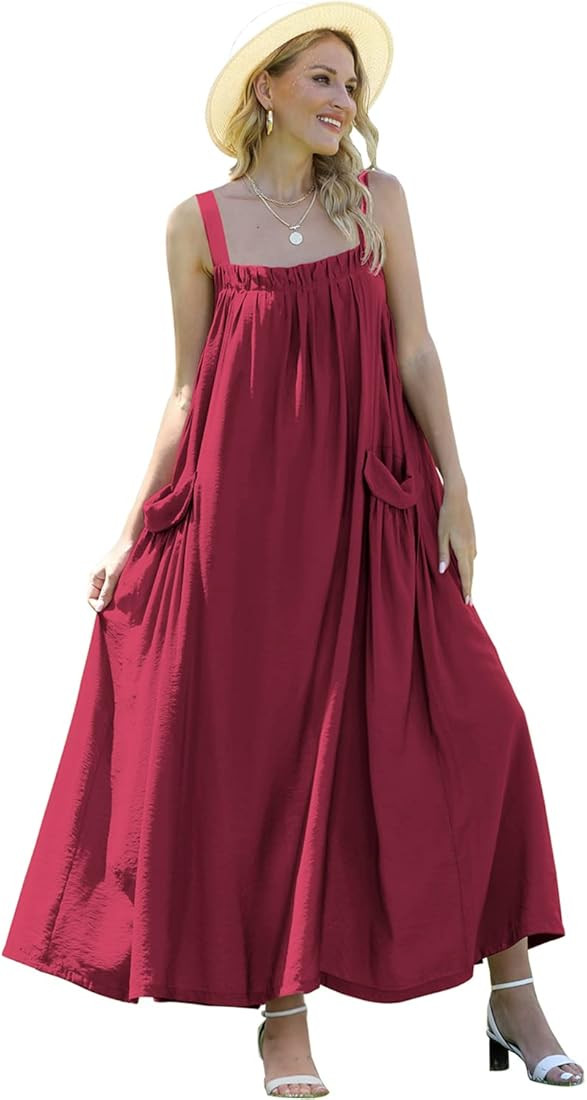 YESNO Maxi Dress for Women with Pockets Boho Summer Dress with Wide Adjustable Buttoned Strap E96 | Amazon (US)