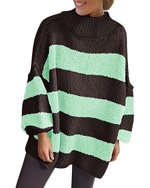 Saodimallsu Womens Oversized Striped Sweater Mock Neck Chunky Knit Lantern Long Sleeve Fall Trend... | Amazon (US)