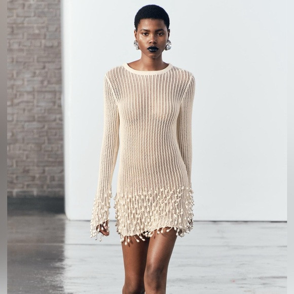 Zara knit dress with pearl fringe size L | Poshmark