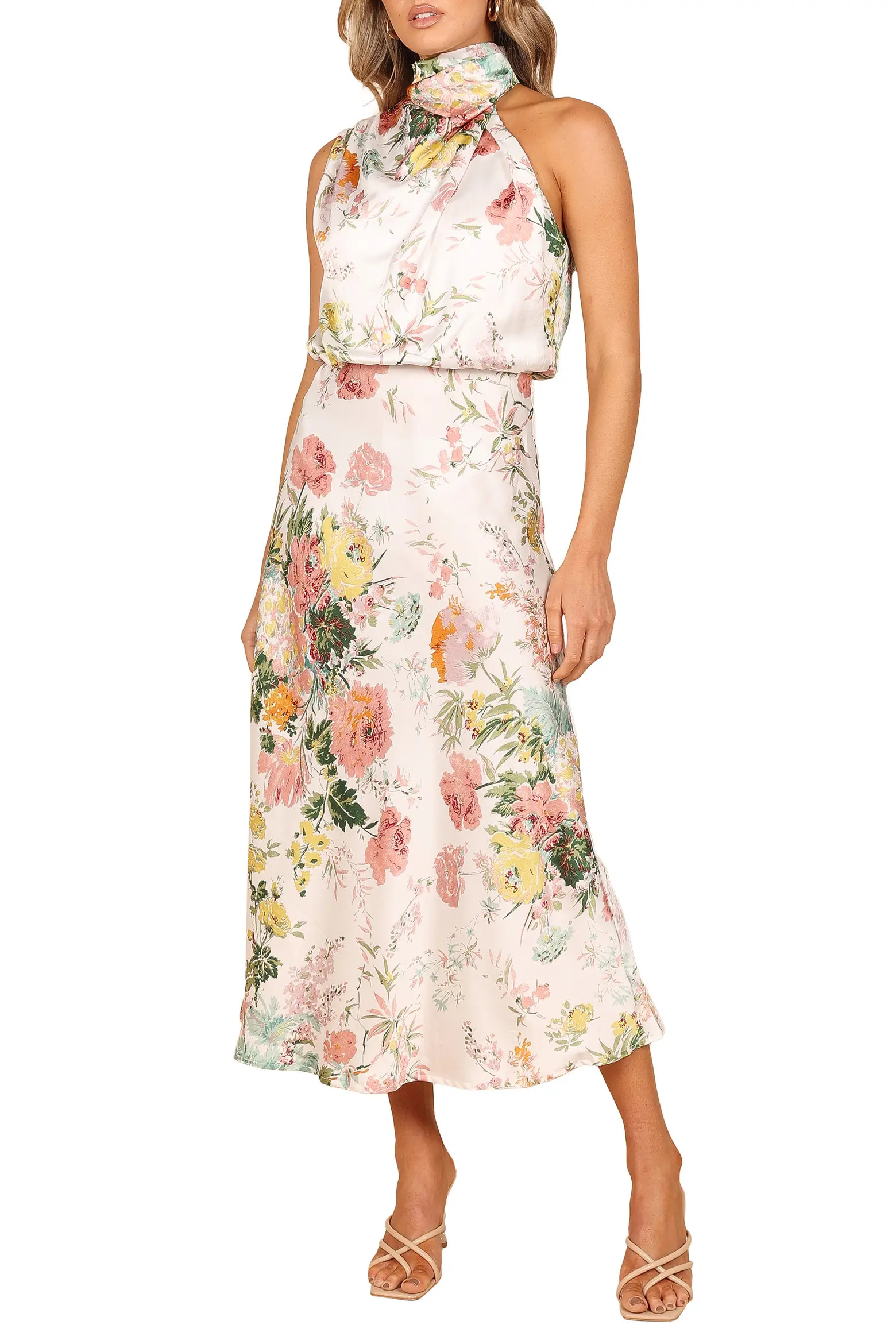 Anabelle Floral Halter Neck Satin Midi Dress (Women) | Nordstrom | Nordstrom