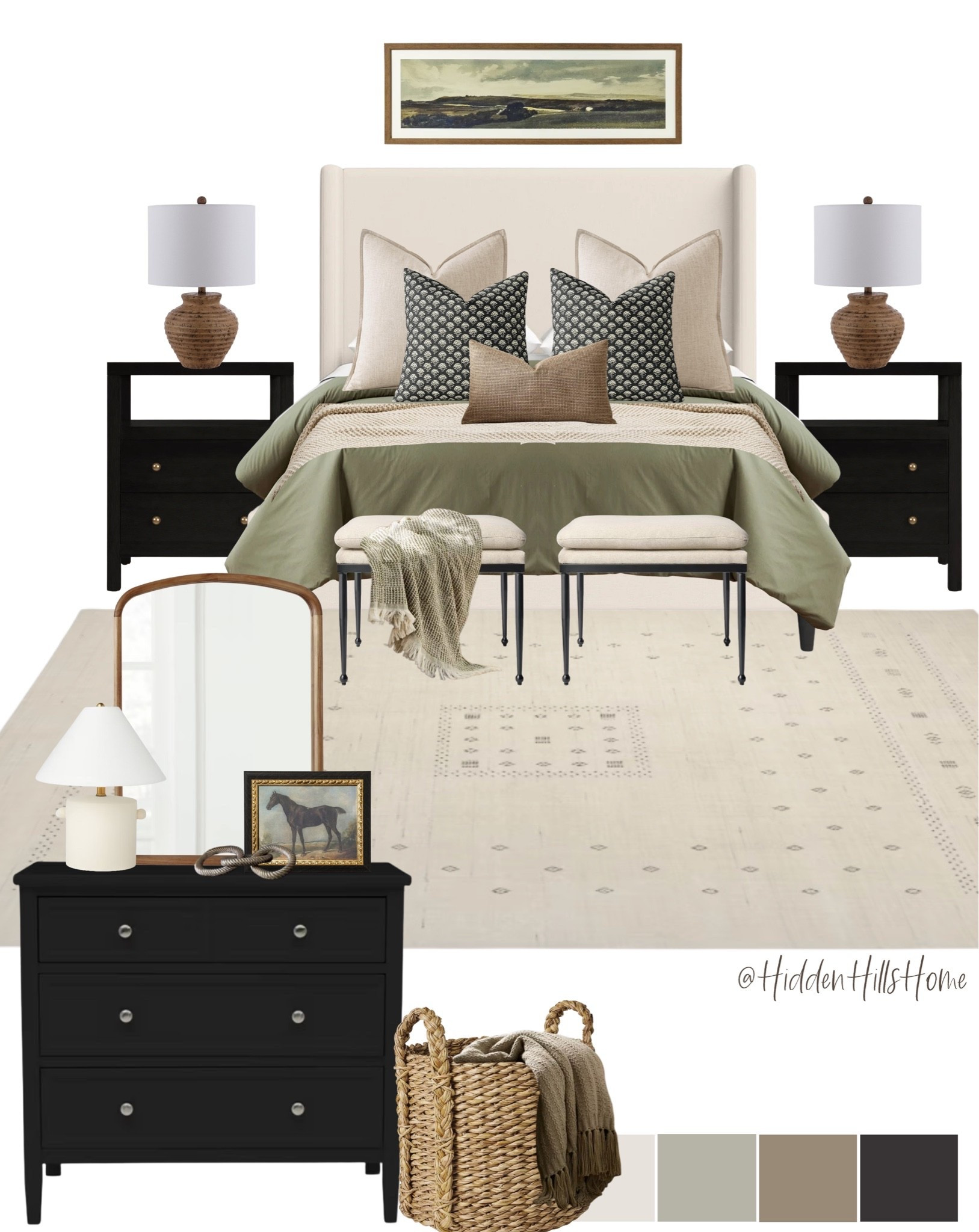 Cozy bedroom decor ideas! Bedroom mood board, bedroom design, home decor, bedding, master bedroom, nightstands, bedroom rug, bedroom inspiration
