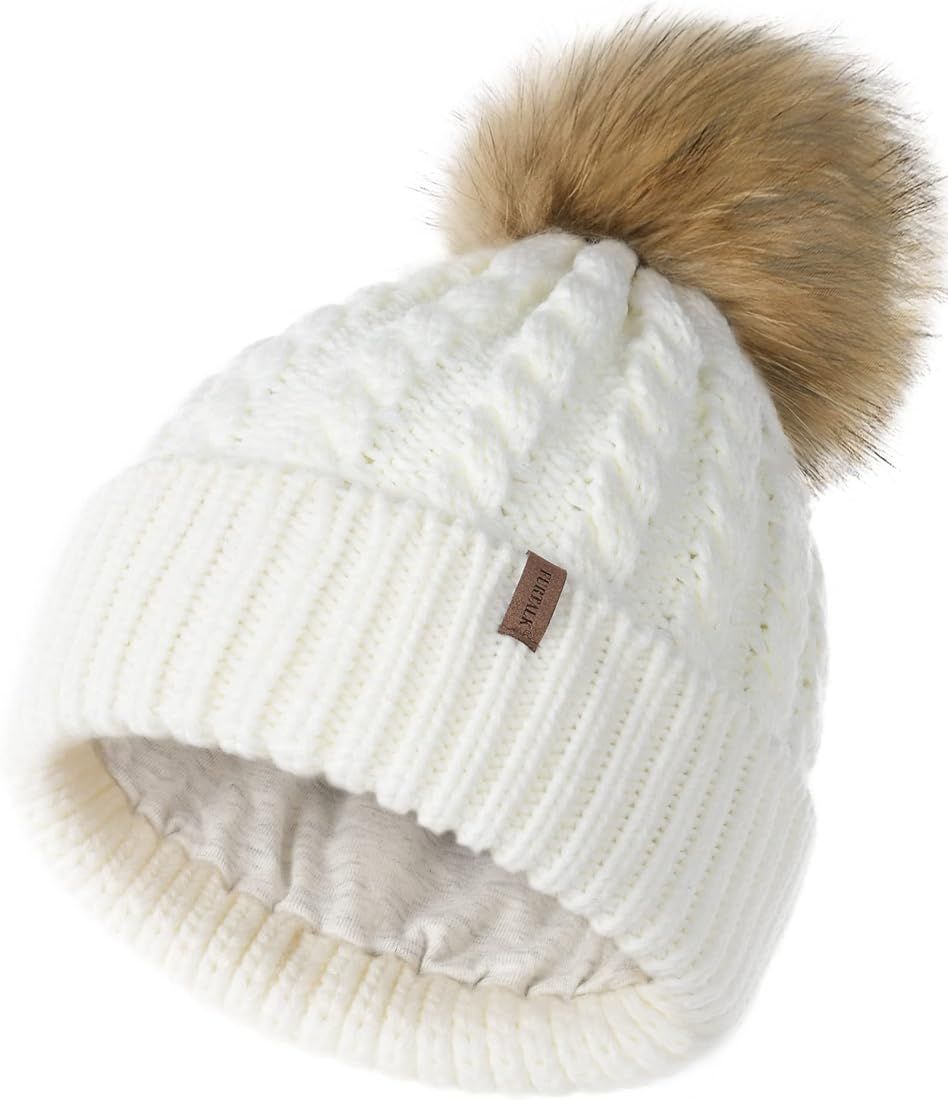 Winter Beanie Hat for Women Cotton Lined Faux Fur Pom Pom Hats Womens Warm Thick Knit Skull Cap | Amazon (US)