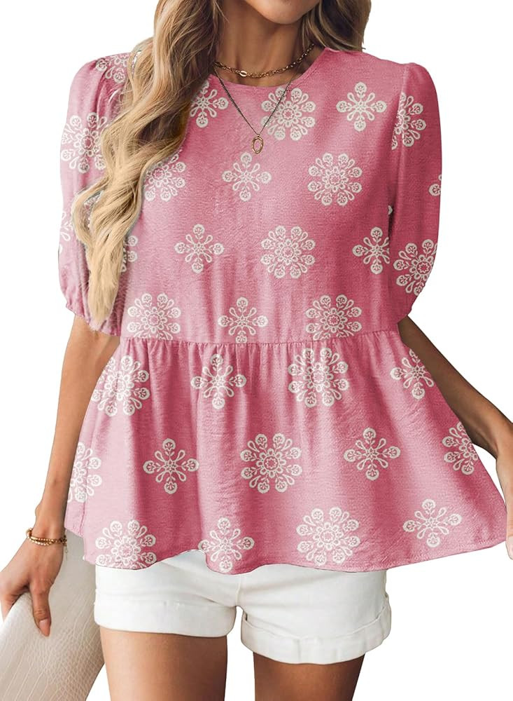 BLENCOT Women's Babydoll Peplum Tops Boho Puff Short Sleeve Bowknot Back Shirts Cute Summer Blous... | Amazon (US)