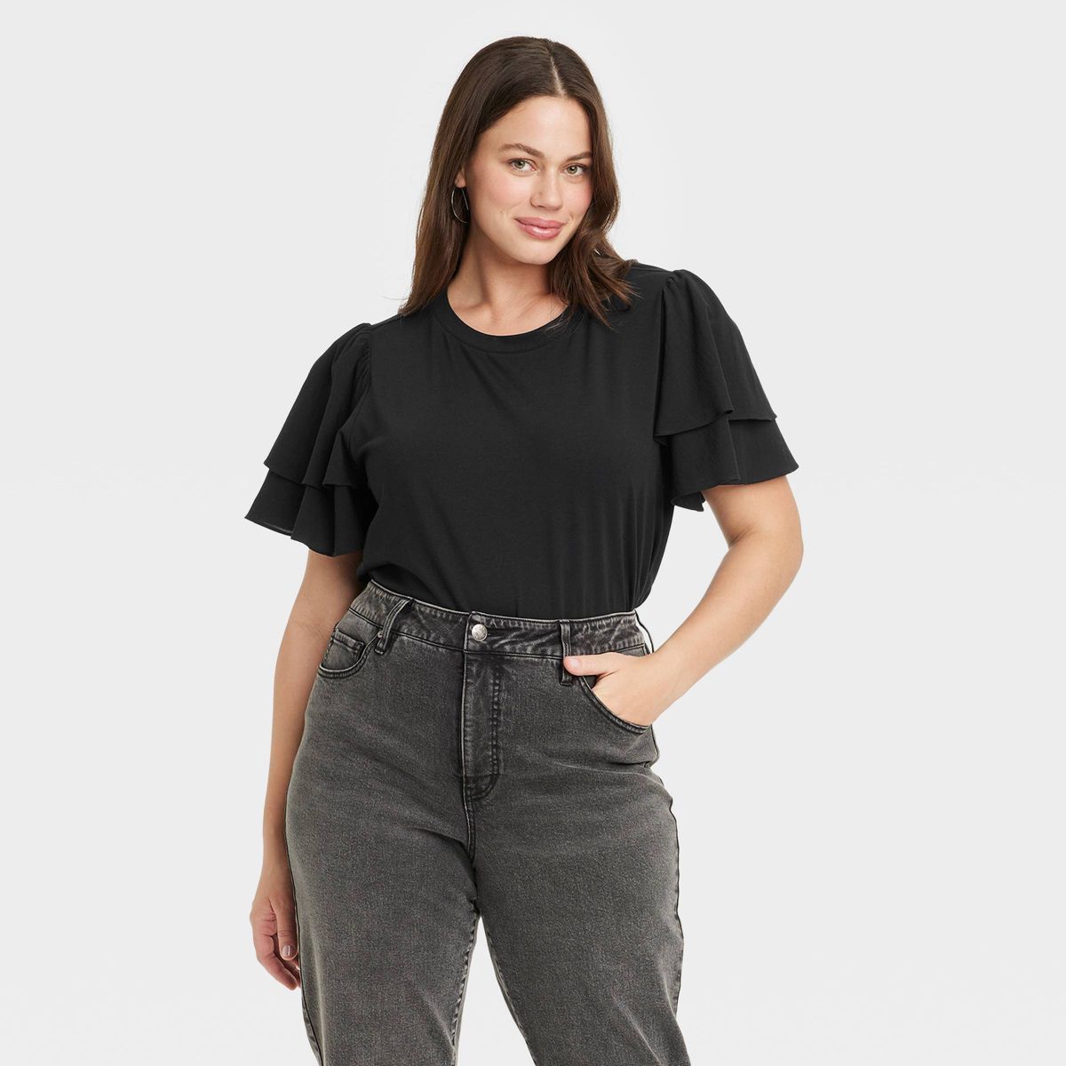 Women's Slim Fit Flutter Short Sleeve Knit Top - Ava & Viv™ Black 1X | Target