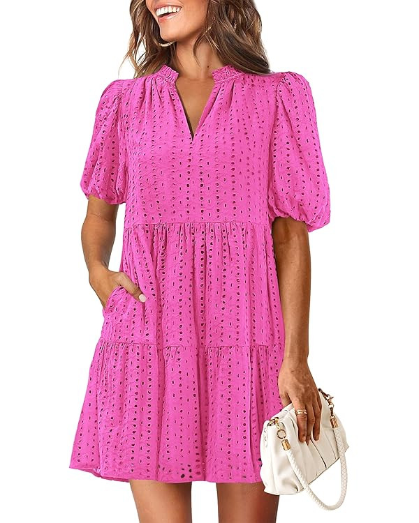 KIRUNDO Eyelet Summer Dresses for Women Mini Casual Hollow Out Short Sleeve Lace Tiered V Neck Sh... | Amazon (US)