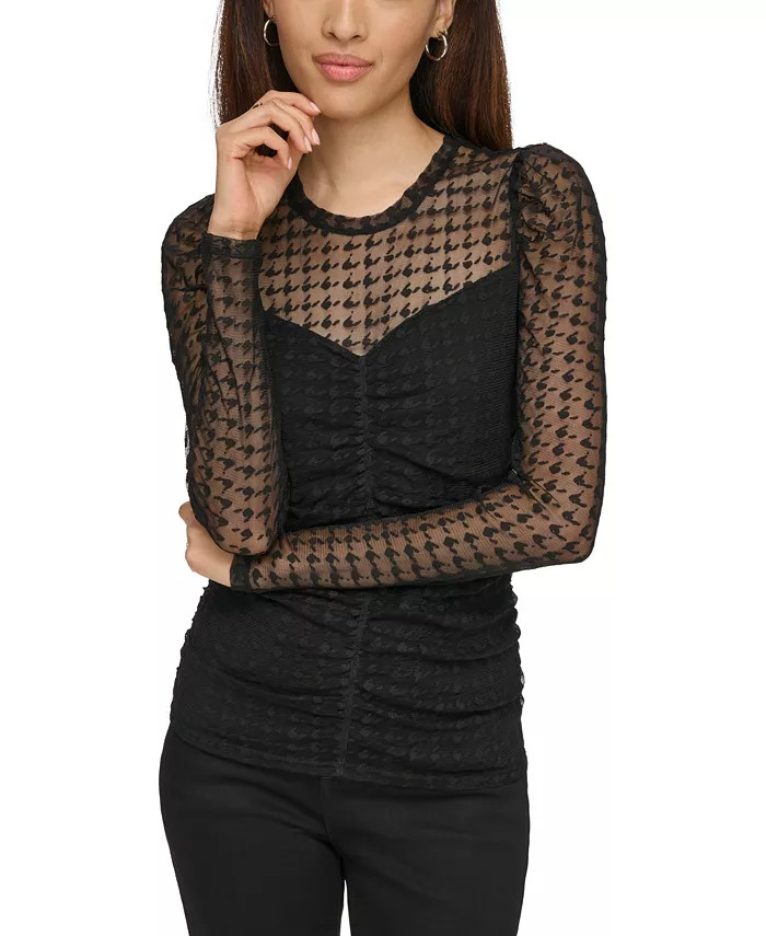 KARL LAGERFELD PARIS Women's Houndstooth-Mesh Long-Sleeve Top - Macy's | Macy's
