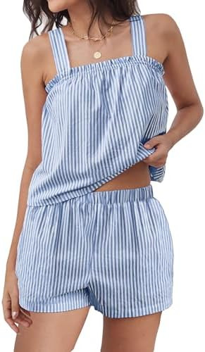 ANRABESS Womens Pajama Sets Striped 2 Piece Pjs Summer Ruffle Cute Tank Top and Shorts Sleepwear ... | Amazon (US)
