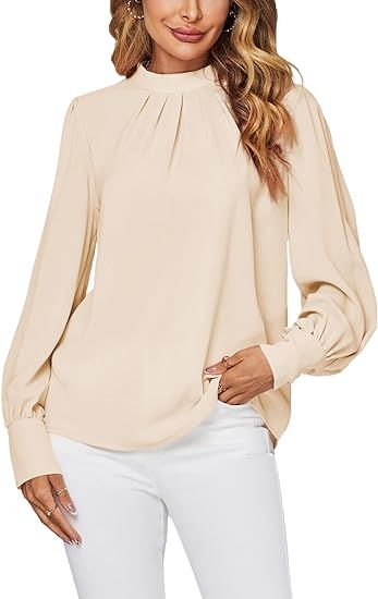 LYANER Women's Mock Neck Pleated Solid Long Sleeve Blouse Office Shirt Top | Amazon (US)