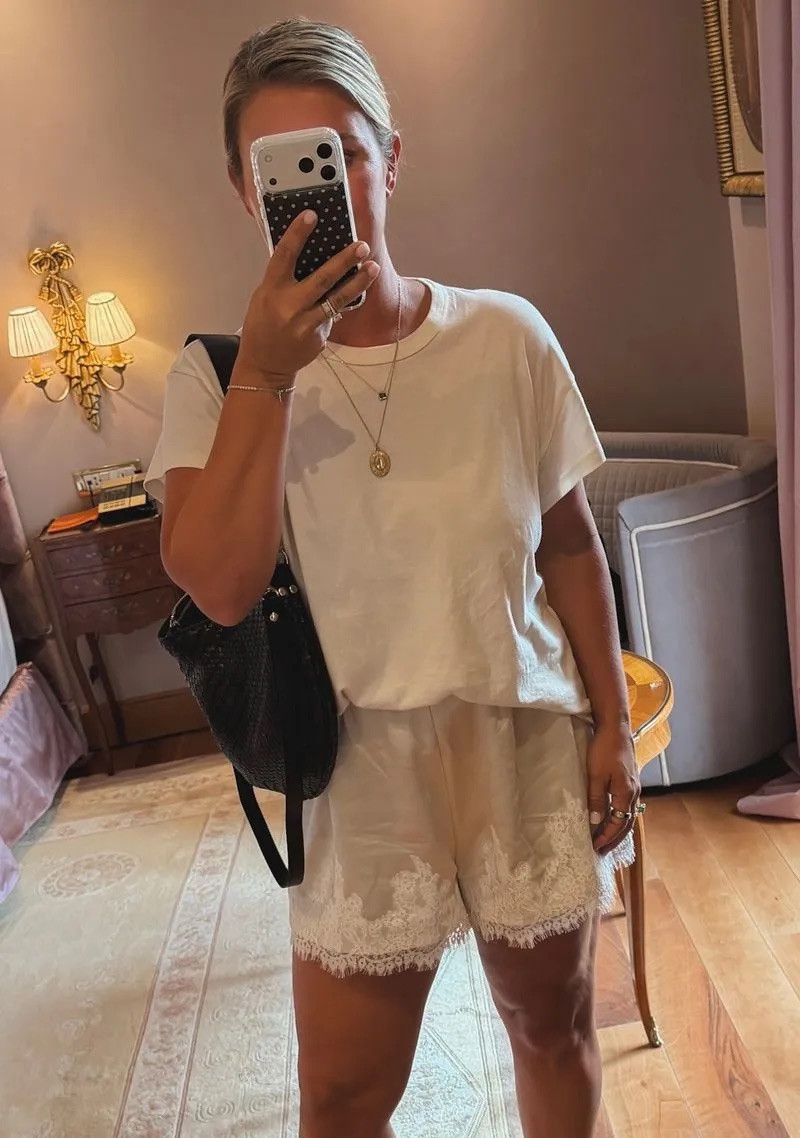 Silk shorts and casual tee 

 #LTKootd