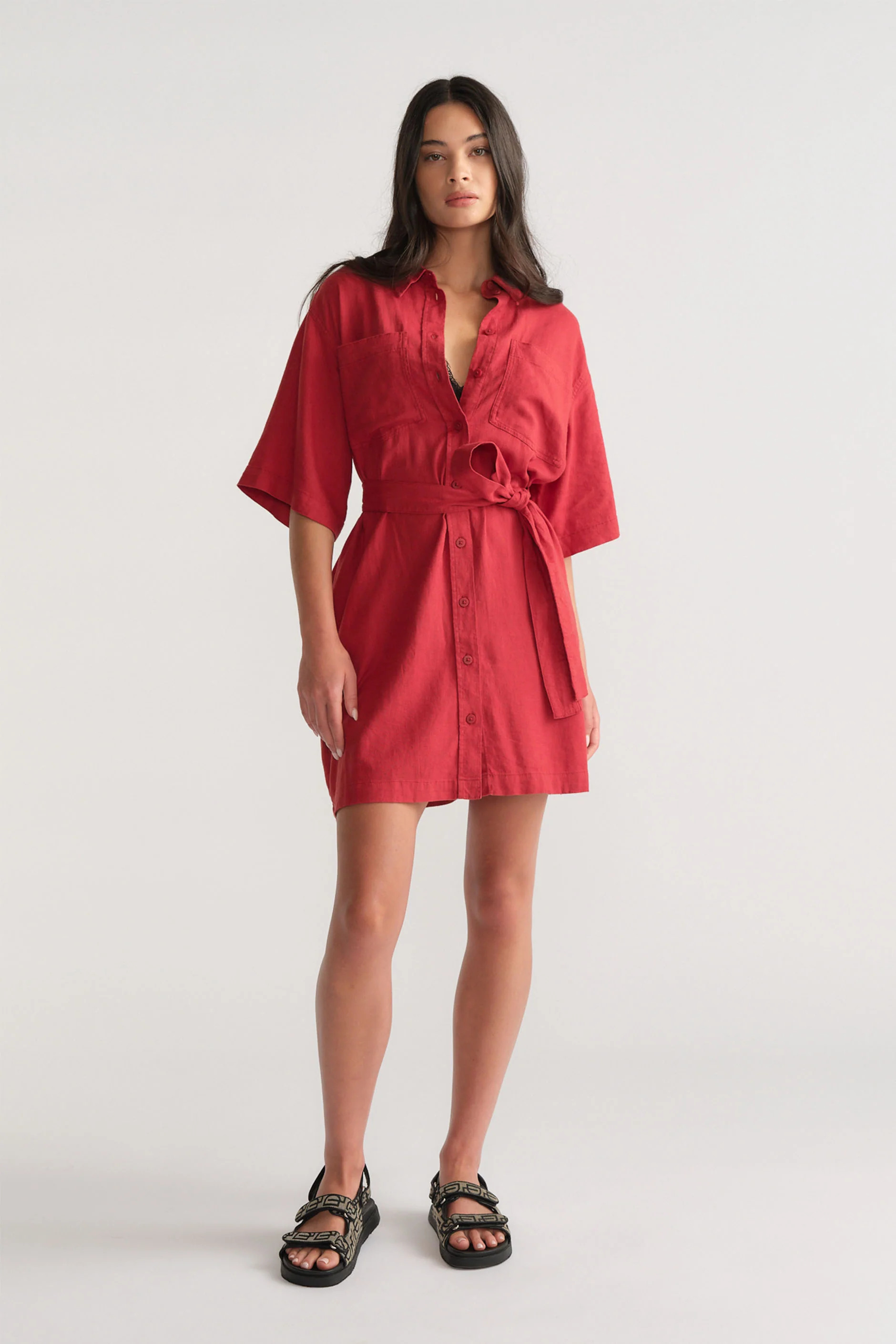 D-Luxe Linen Blend Short Dress - Red Clay | DECJUBA