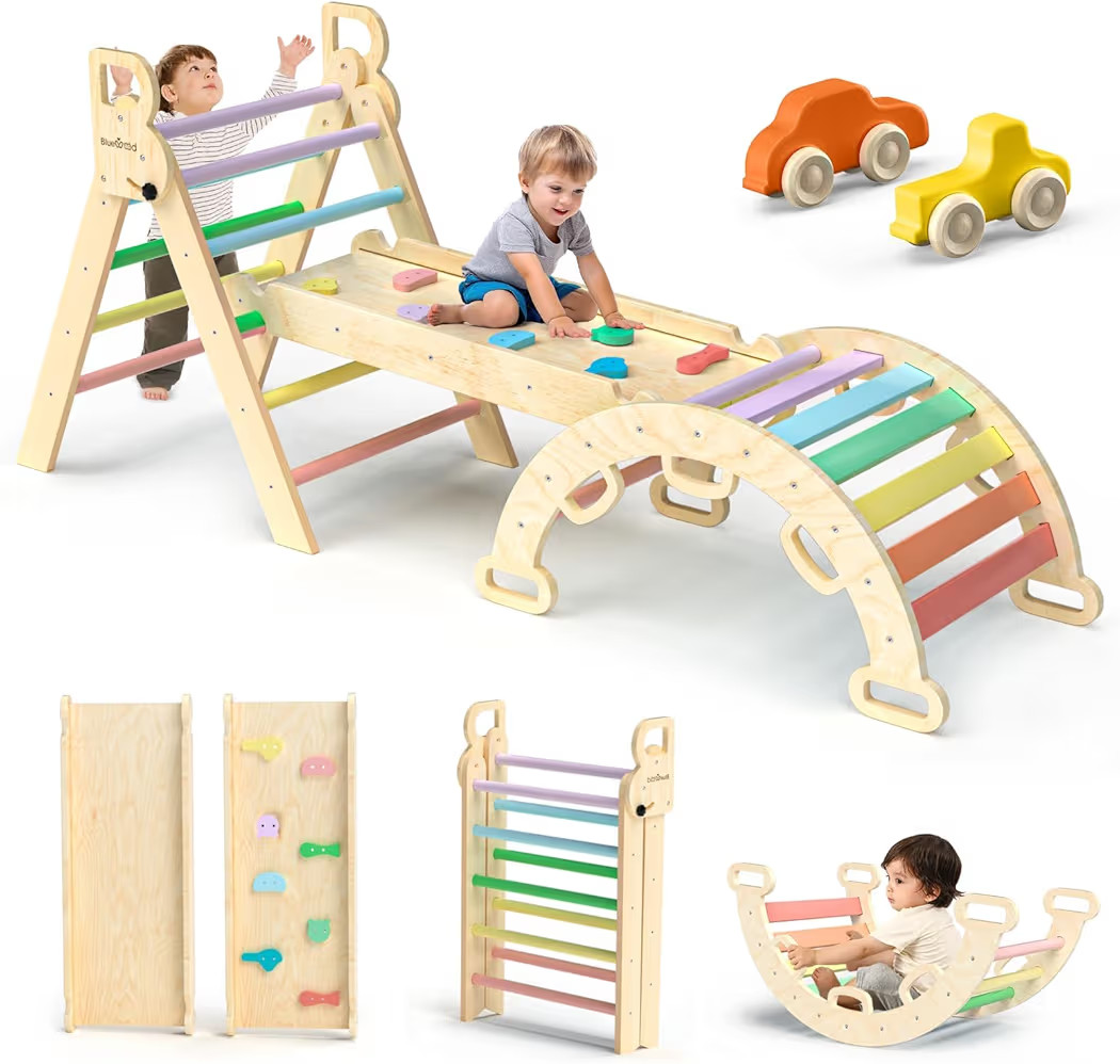 BlueWood Pikler Triangle Set 7in1 Foldable Baby Climbing Toys Wooden Montessori Climbing Set with... | Amazon (US)