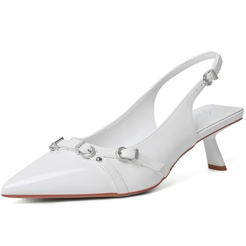 Mostrin White Kitten Heels for Women Sexy Pointed Closed Toe Slingback Low Heels Dressy Pumps Shoes with Buckle for Party Size 10 | Amazon (US)