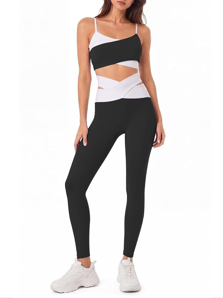 Womens Workout Sets Padded Sports Bras Crossover High Waisted Leggings 2 Piece Outfits Matching S... | Amazon (US)