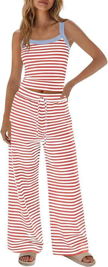 LAMISSCHE Womens Striped Lounge Set Spaghetti Strap Tank Top And Pants Sets | Amazon (US)