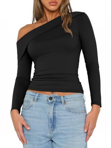 Tankaneo Womens One Off Shoulder Tops 2025 Long Sleeve Going Out Shirts Boat Neck Ribbed Slim Fit... | Amazon (US)