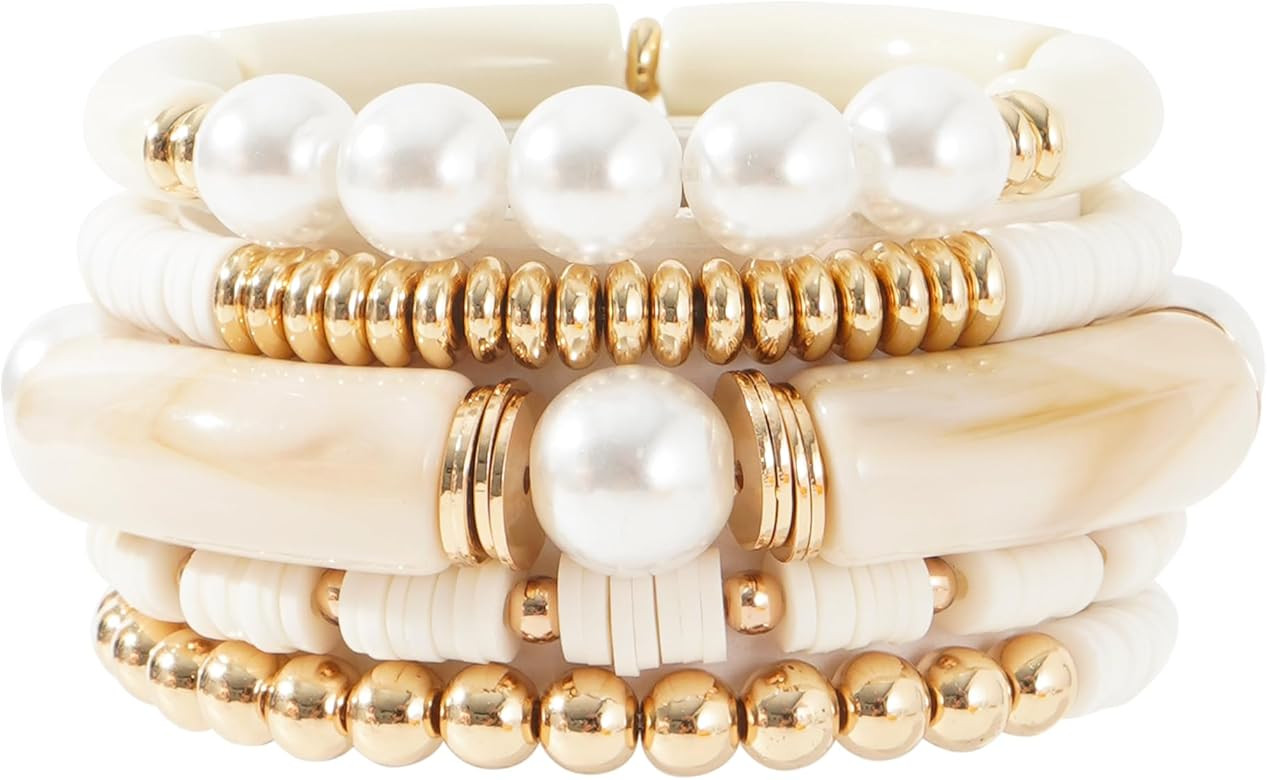 GOOJIDS Simple Beaded Gold Bangles Bracelet Chunky Bamboo Tube Curved Stacking Clear Acrylic Colo... | Amazon (US)