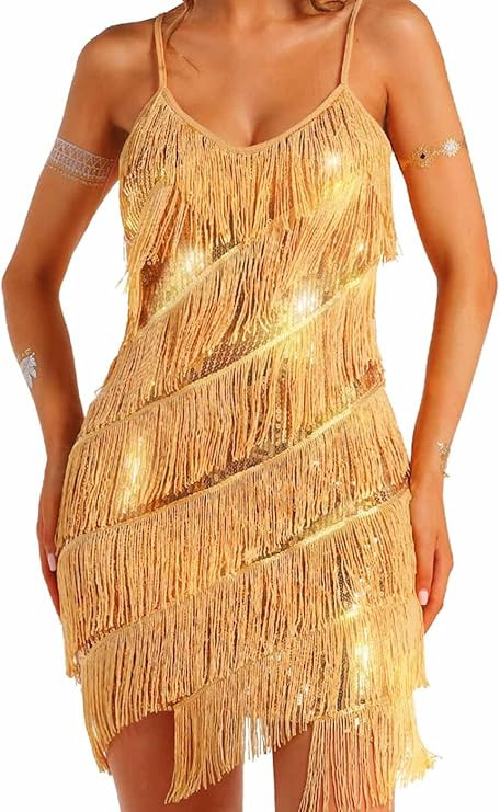 Women's Sparkly Sequin Dress Fringe Bodycon Dance Tassel Dresses Spaghetti Strap Mini Dress Clubw... | Amazon (US)
