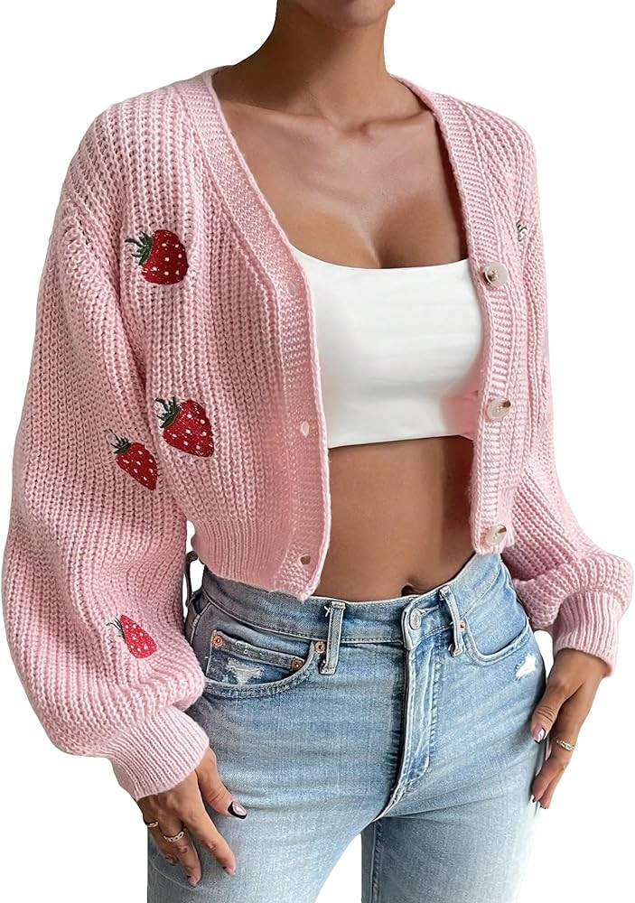 WDIRARA Women's Strawberry Embroidery Crop Cardigan Drop Shoulder Button Up Sweater Tops V Neck O... | Amazon (US)
